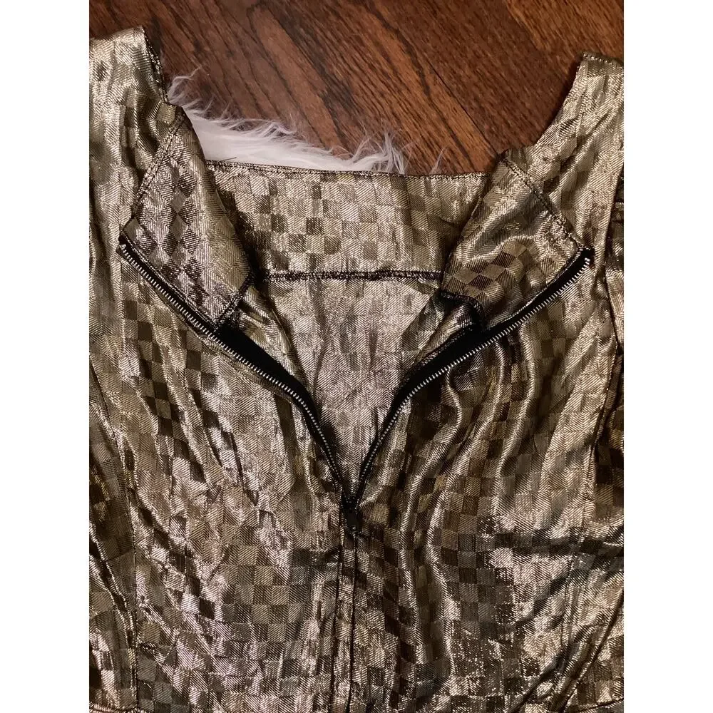 Trending Vintage Gold Metallic Check Lame 2pc Dress Midi Pencil Skirt Top S 24w